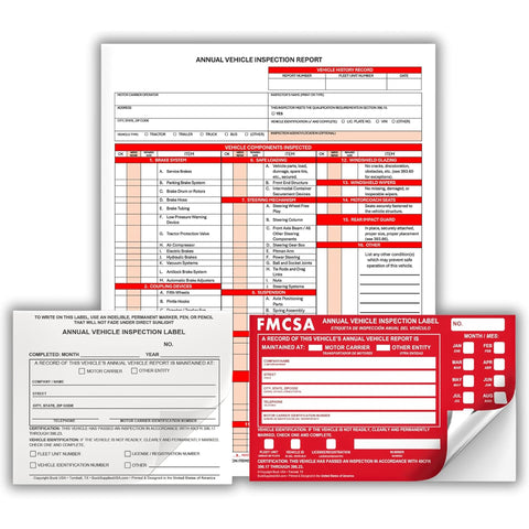 White Annual Vehicle Inspection Label + Red Annual Vehicle Inspection Label + Annual Vehicle Inspection Report