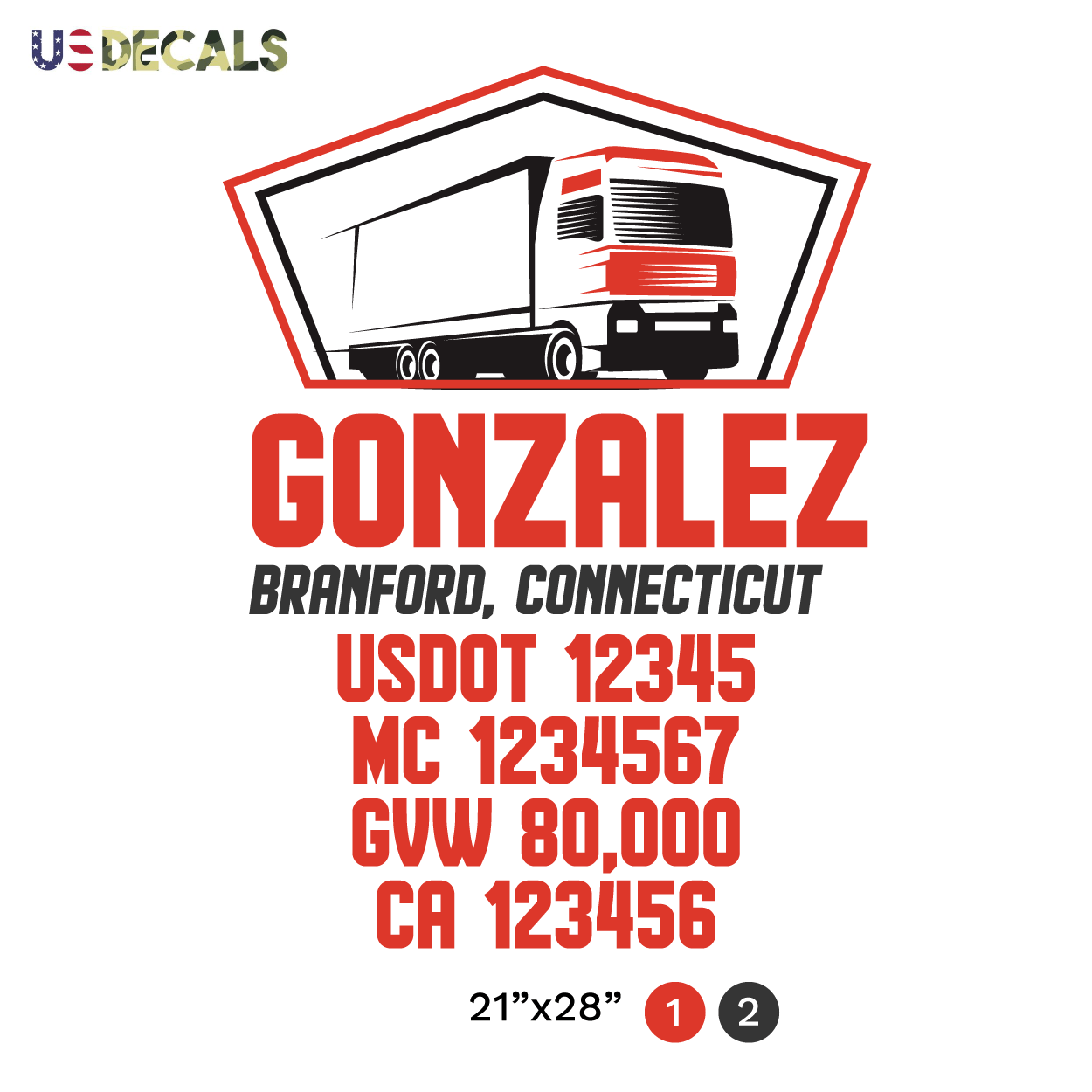 truck door decal with USDOT, MC, GVW, CA